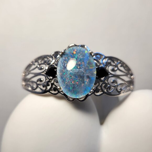 VTG Natural Opal & Onyx Platinum Clad Open Cuff Filigree Ornate Bracelet - Picture 10 of 15